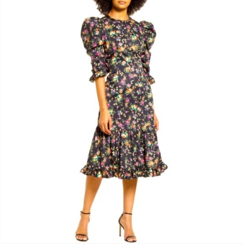 NWT Black Halo Nadir Puff Sleeve Dress Floral Black Modest Long Sleeve Crew 8‎